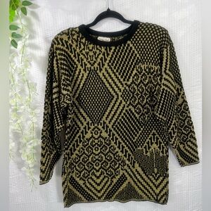 Vintage Carriage Court Black Gold Pullover Long Sleeve Knit Sweater Women Large